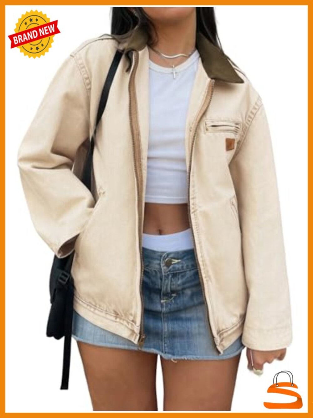 Cropped Zip Up Denim Barn Jacket Lightweight Women's Casual Outerwear